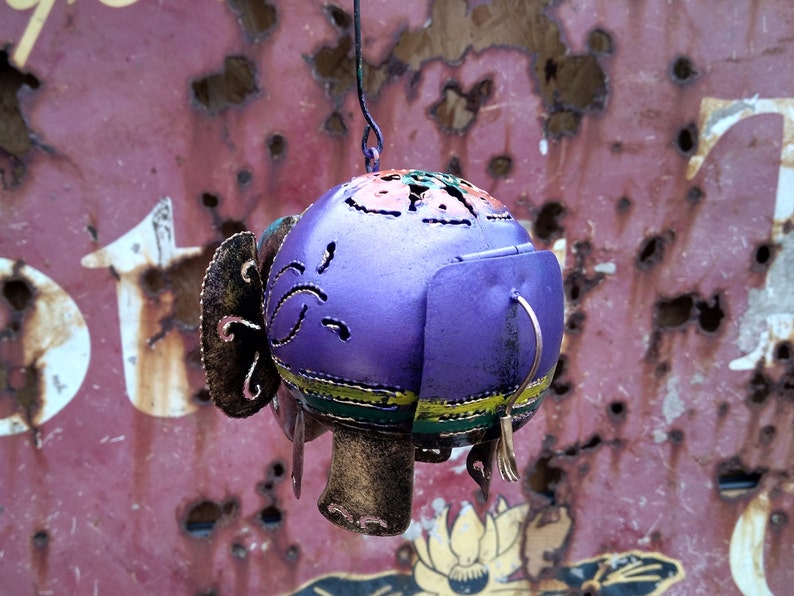 Purple Elephant Tea Light Candle Holder Incense Burner Recycled Metal Lantern