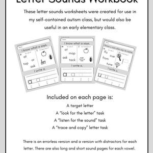 May include: A Letter Sounds Workbook with worksheets for early elementary students. The workbook includes letter sound tasks, tracing, and copying exercises. The cover features the title and sample pages with illustrations.