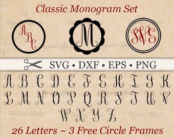 Fancy Monogram SVG, Dxf, Eps, Png, Cursive Svg Font, Classic Monogram, Silhouette Files, Cricut, Cut Files, DIY Monogram Set, 3 FREE Frames