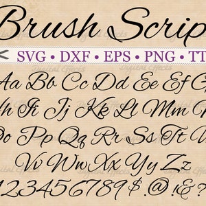 May include: Brush Script font alphabet in black with uppercase letters, lowercase letters, numbers, and symbols. The font is a cursive script style.