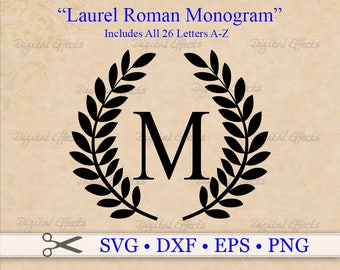 Monograma romano de laurel (archivos SVG, DXF, EPS y PNG), letras romanas dentro de una corona de laurel, incluye las 26 letras, archivos para Silhouette y Cricut.