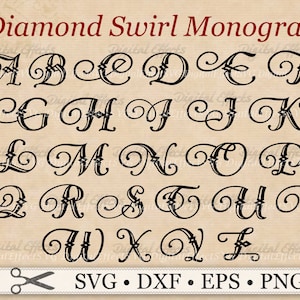 May include: A set of 26 black and white swirl monogram letters in a diamond shape. The letters are in a cursive font and are arranged in alphabetical order. The letters are on a beige background. The text "Diamond Swirl Monogram" is at the top of the image. The text "SVG. DXF. EPS. PNG" is at the bottom of the image.