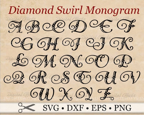 Diamond Font SVG Monogram Files, EPS, DXF, & Png Files, Swirl Font, Scroll Svg Font, Silhouette Studio, Cut Files, Cricut, Monogram Clipart