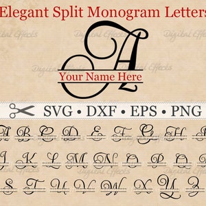 Elegantes Script SPLIT MONOGRAMM Svg, Dxf, Eps, Png-Dateien, Script Split Font Alphabet Digital, Silhouette, Split Monogram svg, Cut Files, Cricut