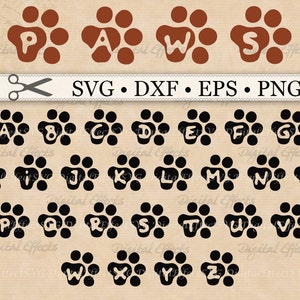 Archivos SVG de huellas de patas, archivos EPS, DXF y PNG, letras de huellas de patas, fuente SVG del alfabeto, Silhouette Studio, archivos de corte, Cricut, imágenes prediseñadas de monogramas