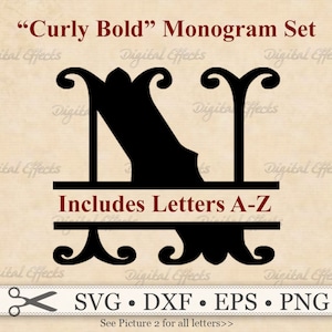Delat MONOGRAM Svg, Dxf, Eps, Png-filer, Lockigt fetstil Delade bokstäver Svg, Monogram Teckensnitt Svg, Cricut Silhuett, Efternamn Svg, Delat teckensnitt Svg