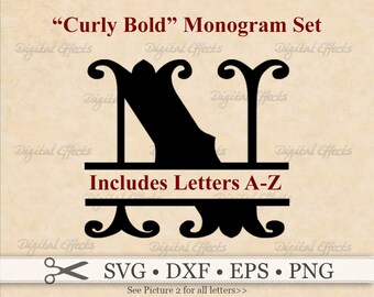 Monograma dividido (Svg, Dxf, Eps, Png), Letras divididas en negrita y rizadas (Svg), Fuente de monograma (Svg), Silueta de Cricut, Apellido (Svg), Fuente dividida (Svg)