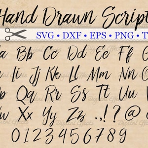 Fuentes dibujadas a mano, fuente cursiva, fuente manuscrita, DXF, EPS, PNG; fuente de pincel, fuente cursiva, fuente de escritura SVG para Silhouette y Cricut, TTF adicional