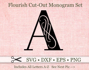 Monograma FLOURISH recortado en formatos SVG, DXF, EPS y PNG. Letras en negrita y diseño de adornos. Incluye las 26 letras. Archivos para Silhouette y Cricut.