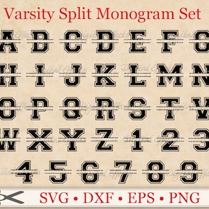 May include: A set of black varsity split monogram letters and numbers. The letters and numbers are in a bold, blocky font with a white outline. The letters and numbers are split in half horizontally, with a white line separating the top and bottom halves.