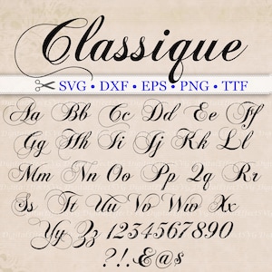 Classique Script SVG, Fancy Script Monogram lettertype Svg, Dxf, Eps, Png; Cursief Svg, elegant schrift, bruiloft lettertype, silhouetbestanden, Cricut TTF