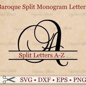 May include: A black and white image of a split monogram letter A in a baroque style. The letter is split in half by a horizontal line with the text "Split Letters A-Z" above the line. The image is on a beige background with the text "Baroque Split Monogram Letters" at the top and "SVG • DXF • EPS • PNG" at the bottom.