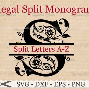 Puede incluir: Una letra S de monograma en blanco y negro con detalles florales ornamentados. La letra está dividida en dos con una pancarta roja que dice "Split Letters A-Z".