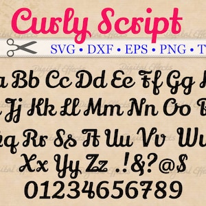 Curly Script Font SVG, dekorative Schrift, Retro Script Font SVG, Dxf, Eps, Png;  Fancy Script, Cursive Font, Silhouette & Cricut, Bonus TTF