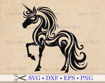 Unicornio SVG, Animal Místico de Fantasía SVG, DXF, EPS y PNG. Tatuaje de unicornio, clipart de unicornio, Silhouette Studio Cricut, archivos de corte SVG.