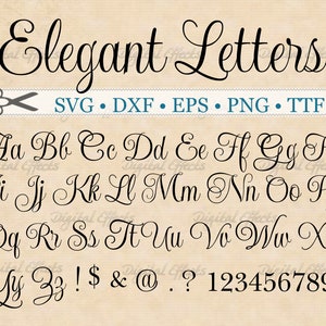 May include: Elegant cursive font alphabet with uppercase and lowercase letters, numbers, and punctuation marks. The font is black on a beige background. The text "Elegant Letters" is at the top of the image. The text "SVG DXF EPS PNG TTF" is below the title.