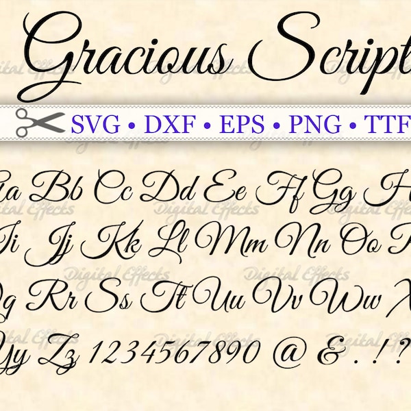 GRACIOUS Script, Wedding Font, Monogram Svg, Dxf, Eps, Png, TTF;  Fancy Script Font, Cursive Font, Silhouette Files, Cricut Files, Cut Files