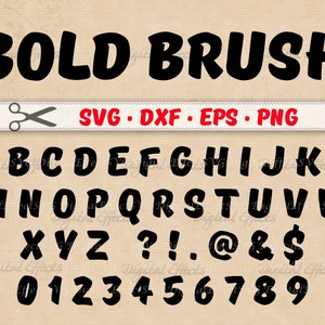 May include: Black bold brush font alphabet and numbers. The letters are uppercase and the numbers are in a bold, rounded style. The font is called "Bold Brush".