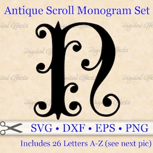 Monograma de pergamino antiguo (archivos SVG, DXF, EPS y PNG). Monograma rizado con letras antiguas (A-Z). Archivos SVG para Cricut Silhouette. Todo en mayúsculas.