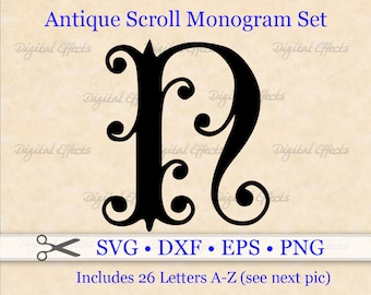 Monograma de pergamino antiguo (archivos SVG, DXF, EPS y PNG), monograma rizado con letras antiguas, A-Z, archivos SVG para Cricut Silhouette, todo en mayúsculas, SVG y DXF