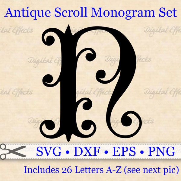 Antique Scroll MONOGRAM Svg, Dxf, Eps, Png Files, Old Letters Curly Monogram, A-Z, Svg Cut Files for Cricut Silhouette, All Caps, SVG DXF