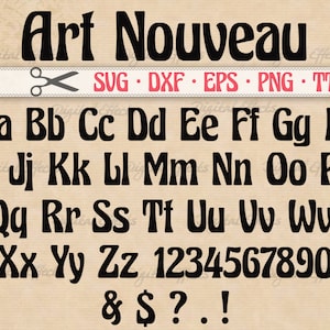 アールヌーボーフォント、レトロフォント、TTFフォント、モノグラムSVG、DXF、EPS、PNG、SVG文字、数字と記号、シルエットカットファイル、クリカットファイル
