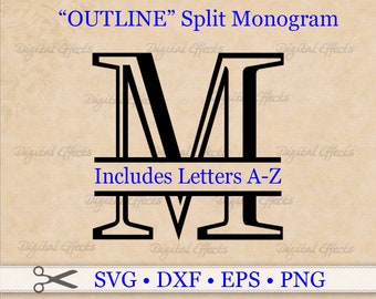 Monograma dividido en estilo romano (archivos SVG, DXF, EPS y PNG), alfabeto dividido con serifa, letras divididas de monograma A-Z, archivos de corte, silueta de Cricut