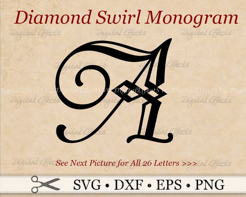 Op de afbeelding: Een zwart-witte monogramletter A met een diamant-swirl-ontwerp. De letter is in een decoratief lettertype. De tekst "Diamond Swirl Monogram" staat bovenaan de afbeelding. De tekst "See Next Picture for All 26 Letters >>>" staat onder de letter. De tekst "SVG. DXF. EPS. PNG" staat onderaan de afbeelding.