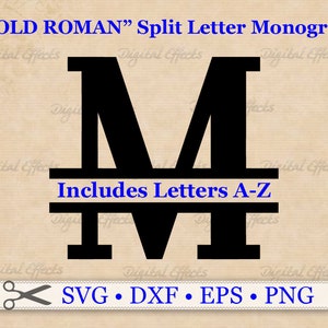 Könnte beinhalten: Ein schwarzes "BOLD ROMAN" geteiltes Buchstabenmonogramm mit dem Buchstaben "M" in fetter Schrift. Der Buchstabe ist horizontal in zwei Hälften geteilt mit einer Linie, auf der "Includes Letters A-Z" steht.
