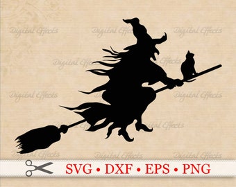 SVG de bruja malvada, SVG de Halloween, EPS, PNG, Dfx, bruja de Halloween con gato negro, silueta de bruja, clipart de bruja, archivos de silueta y Cricut