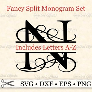 May include: A black and white split monogram design with the letters N and L. The letters are separated by a horizontal line with the text "Includes Letters A-Z" above it. The design is in a fancy script font with swirls and flourishes. The image includes the text "SVG DXF EPS PNG".