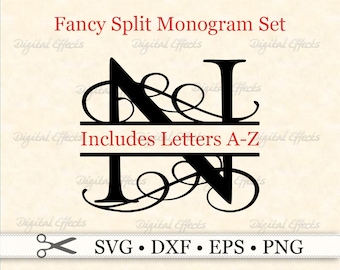 Monograma de letra dividida elegante (archivos SVG, DXF, EPS y PNG), monograma de boda floreciente (SVG), letras divididas A-Z, archivos SVG para Cricut y Silhouette