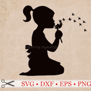 Meisje SVG, DXF, Eps, Png-bestanden, meisje met paardebloem, paardebloem Svg, kind Svg, meisje silhouet, Kids Svg, Cricut & silhouetbestanden