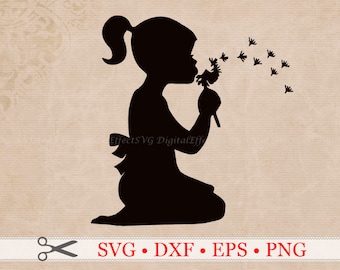 Archivos SVG, DXF, EPS y PNG de niña pequeña, niña con diente de león, diente de león SVG, niño SVG, silueta de niña, niños SVG, archivos Cricut y Silhouette