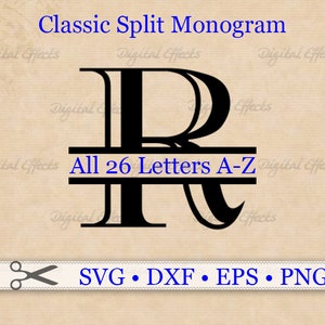 May include: A black and white split monogram design with a decorative letter R. The text "All 26 Letters A-Z" is displayed below the letter.