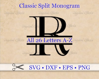 Monograma clásico dividido (Svg, Dxf, Eps, Png), Monograma dividido con contorno (Svg), Monograma romano dividido (Letras A-Z), Archivos de corte, Cricut Silhouette