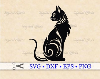 Gato negro SVG, DXF, EPS, PNG, Gato de Halloween SVG, Gato lindo SVG, Silueta de gato, Archivos Cricut, Silhouette Studio, Clipart de gato, Tatuaje de gato SVG
