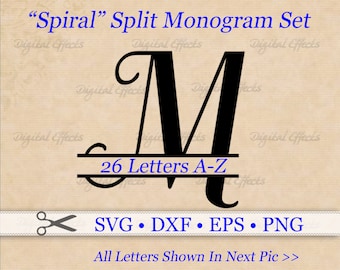 MONOGRAMA ESPIRAL DIVIDIDO (archivos SVG, DXF, EPS y PNG), Alfabeto de letras divididas, Monograma de boda (letras divididas A-Z), Archivos SVG para cortar, Cricut Silhouette
