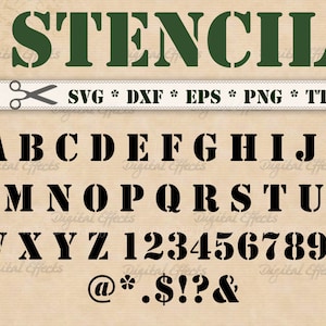 May include: A stencil font set featuring the alphabet, numbers, and symbols in a bold, sans-serif style. The word "STENCIL" is displayed in green. File types include SVG, DXF, EPS, PNG, and TTF.