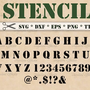 STENCIL Font, TTF, Svg Dxf, Eps, Army Font, Monogram SVG, Stencil Alphabet; Svg Silhouette Files, Cut Files, Cricut, Installable TTf