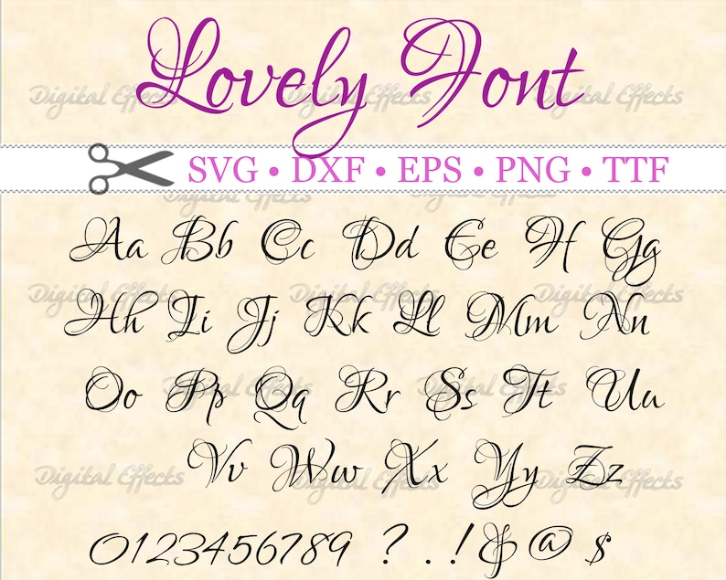 May include: A digital font design with the word "Lovely Font" in a cursive script. The alphabet is shown in lowercase letters with numbers and punctuation marks. The font is black on a cream background.