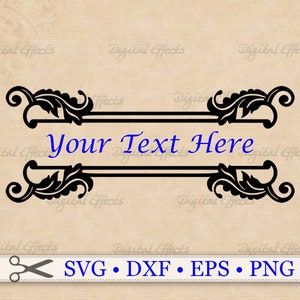 Può includere: Cornice decorativa nera con volute floreali e la scritta "Your Text Here" in blu. Il design include i formati di file SVG, DXF, EPS e PNG.
