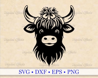 VACA DE LAS TIERRAS ALTAS SVG, DXF, EPS, PNG, Silueta de vaca bebé, Vaca con lazo, Clipart de vaca de las tierras altas, Plantilla de vaca, Archivos de corte Silhouette Studio Cricut
