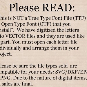 Puede incluir: Texto sobre un fondo beige que dice "Por favor, LEA:" seguido de dos vi&ntilde;etas. La primera vi&ntilde;eta explica que los archivos no son archivos de fuente True Type (TTF) o Open Type (OTF) y que son archivos vectoriales utilizados como im&aacute;genes predise&ntilde;adas. La segunda vi&ntilde;eta explica que los tipos de archivos que se venden son compatibles con SVG/DXF/EPS & PNG y que todas las ventas son finales.