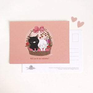 Kittens Ansichtkaart - Zult u mijn valentijn zijn? | Zwarte kat | Witte kat | Katten knuffelen | Katten in mand | Kittens in mandje | Kat en rozen