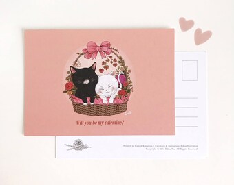 Kittens Postcard - Will you be my valentine? | Black cat | White cat | Cats cuddle | Cats in basket | Kittens in basket | Cat and roses