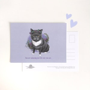 Grey Cat Postcard - You're amazing just the way you are | Purple flowers | British short hair
