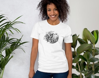 Vogel Unisex T-shirt | Zwart en wit | Minimaal ontwerp | Inkttekening | Casual outfit