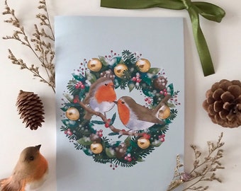 Rotkehlchen Kranz Weihnachtskarte | Goldene Weihnachtskugeln