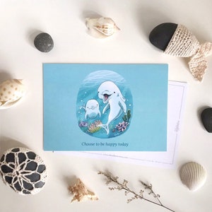 Dolphins Postcard - Choose to be happy today | Blue dolphins | White dolphins | Cute animal postcard | Sea animal